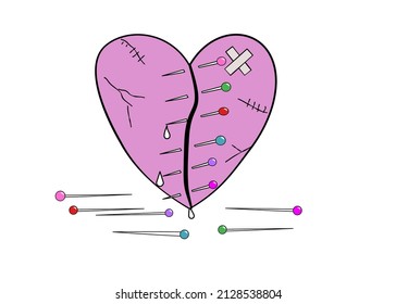 Drawing Line art of Broken heart was cut and attached with many pin,needle and thread brooches.Sadness,Feeling sorry for broken heart.