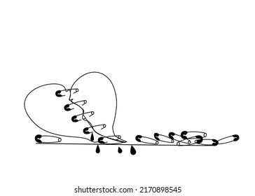 Drawing Line art of Broken heart was cut and attached with many pin,needle and thread brooches.Sadness,Feeling sorry for broken heart.Vector illustration.