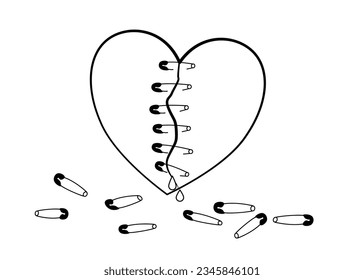 Drawing Line art of Broken heart was cut and attached with many pin,needle and thread brooches.Sadness,Feeling sorry for broken heart.