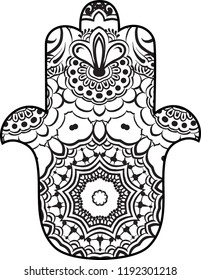 drawing of a line art Hand of Fatima Hamsa with round ethnic black and white pattern on a white background. Hand drawn tribal vector stock illustration, can be used as a coloring page