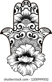 drawing of a line art Hand of Fatima Hamsa with round ethnic black and white pattern on a white background. Hand drawn tribal vector stock illustration, can be used as a coloring page