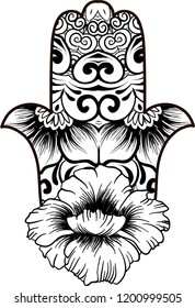 drawing of a line art Hand of Fatima Hamsa with round ethnic black and white pattern on a white background. Hand drawn tribal vector stock illustration, can be used as a coloring page