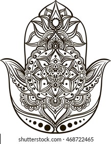 drawing of a line art Hand of Fatima (Hamsa) in black colors on a white background