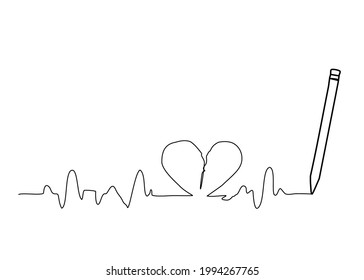 Drawing Line art ,one line,doodle,symbol broken heart,ekg. and pen . Isolate on white background. Copy space for your text. Vector illustration.