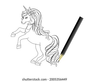 Drawing Line art ,one line,doodle,symbol Unicorn and pencil  Isolate on white background. Copy space for your text. Vector illustration.