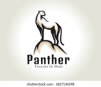 línea de dibujo paro gato negro, león, tigre, pantera, chita en la colina símbolo del logo ilustración del diseño