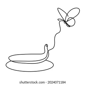 Drawing line banana with butterfly on the white background. Vector