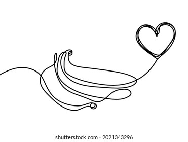 Drawing line banana with heart on the white background. Vector