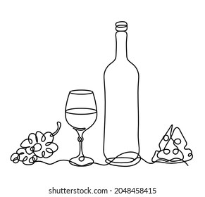 Drawing line bottle of champagne or wine with cheese on the white background. Vector