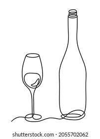 Drawing line bottle of champagne or wine with wineglass on the white background. Vector