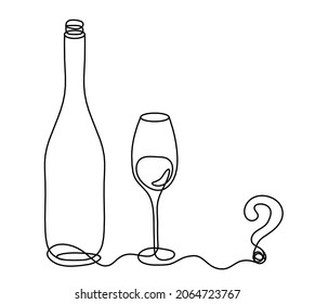 Drawing line bottle of champagne or wine with wineglass, question mark on the white background. Vector