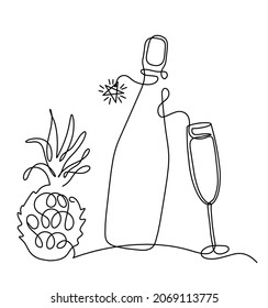Drawing line bottle of champagne or wine with wineglass, ananas on the white background. Vector