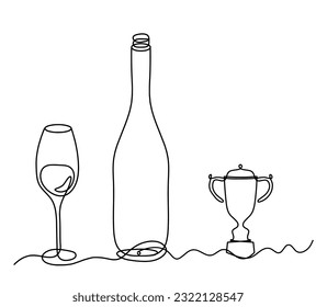 Drawing line bottle of champagne or wine with trophy on the white background. Vector