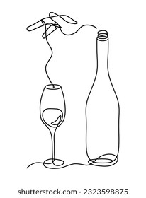 Drawing line bottle of champagne or wine with hand on the white background. Vector