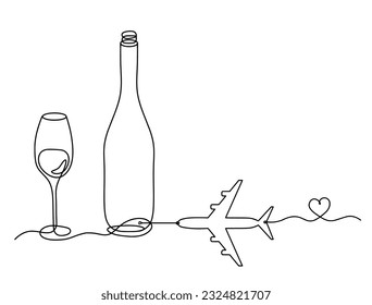 Drawing line bottle of champagne or wine with plane on the white background. Vector