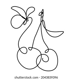 Dibujar cereza de línea con mariposa en el fondo blanco. Vector