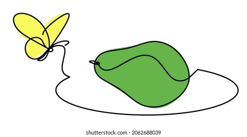 Drawing line  color avocado with butterfly on the white background. Vector