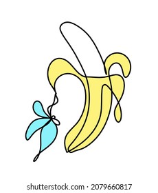 Drawing line color banana with butterfly on the white background. Vector