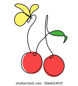 Drawing line color cherry with butterfly on the white background. Vector