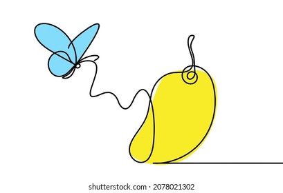 Drawing line color mango with butterfly on the white background. Vector