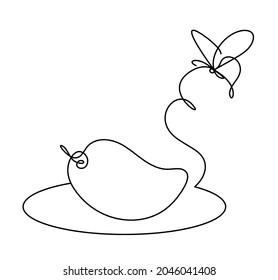 Drawing line mango with butterfly on the white background. Vector