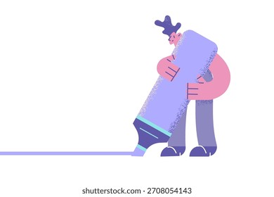 Drawing line with marker concept. Young smiling man cartoon character standing painting line with yellow marker making border vector illustration