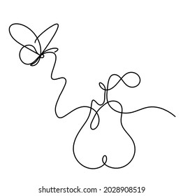 Drawing line pear with butterfly on the white background. Vector