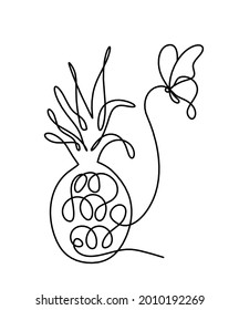 Ananas und Schmetterling zeichnen auf weißem Hintergrund. Vektorgrafik