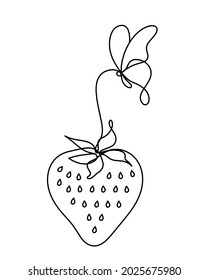 Drawing line strawberry with butterfly on the white background. Vector