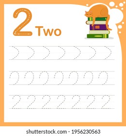 drawing line vector illustration of a children's task for learning numbers. A worksheet with the number two. Handwriting training