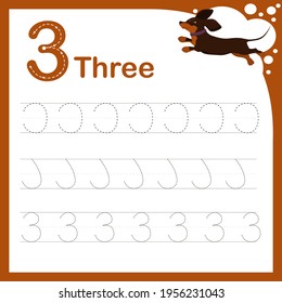 drawing line vector illustration of a children's task for learning numbers. A worksheet with the number three. Handwriting training