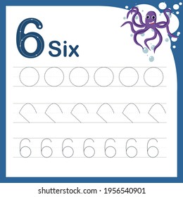 drawing line vector illustration of a children's task for learning numbers. A worksheet with the number six. Handwriting training