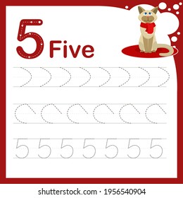 drawing line vector illustration of a children's task for learning numbers. A worksheet with the number five. Handwriting training