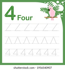 drawing line vector illustration of a children's task for learning numbers. A worksheet with the number four. Handwriting training