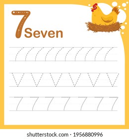 drawing line vector illustration of a children's task for learning numbers. A worksheet with the number seven. Handwriting training