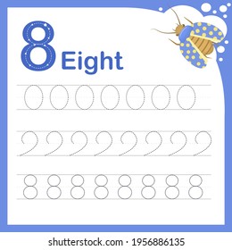 drawing line vector illustration of a children's task for learning numbers. A worksheet with the number eight. Handwriting training