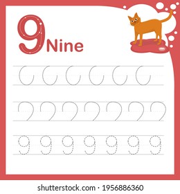 drawing line vector illustration of a children's task for learning numbers. A worksheet with the number nine. Handwriting training