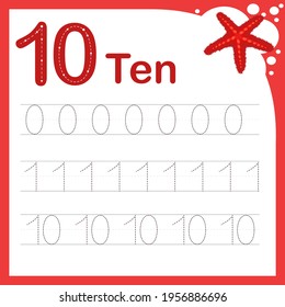 drawing line vector illustration of a children's task for learning numbers. A worksheet with the number ten. Handwriting training