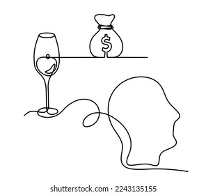Vino de línea de dibujo con dólar sobre fondo blanco