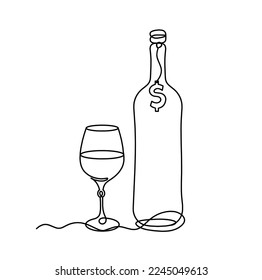 Drawing line wine with dollar on the white background