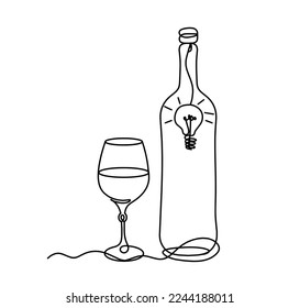Drawing line wine with globe light bulb on the white background