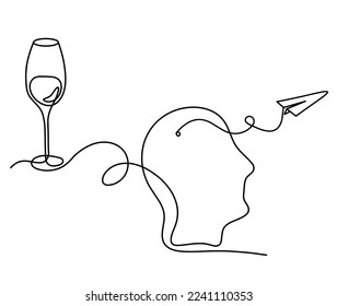 Drawing line wine with paper plane on the white background