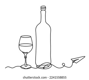 Drawing line wine with paper plane on the white background