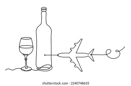 Drawing line wine with plane on the white background. Vector