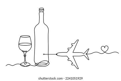 Drawing line wine with plane on the white background. Vector