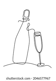 Drawing line wineglass bottle of champagne on the white background. Vector