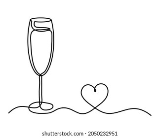 Drawing line wineglass with heart on the white background. Vector