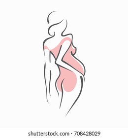Drawing linear beautiful pregnant girl in pink clothes. Birth of a child. Vector graphic illustration of draw silhouettes for design.