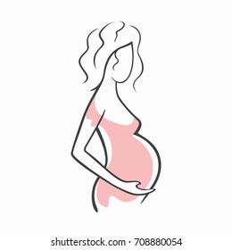 Drawing linear beautiful pregnant girl in pink clothes. Birth of a child. Vector graphic illustration of draw silhouettes for design.