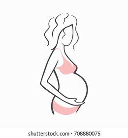 Drawing linear beautiful pregnant girl in pink clothes. Birth of a child. Vector graphic illustration of draw silhouettes for design.